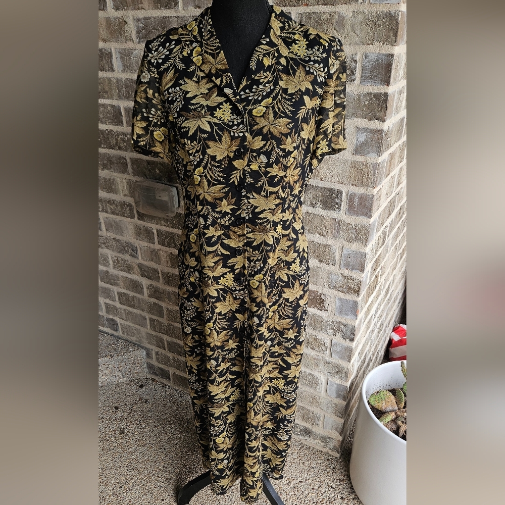 VTG 90s Maggy London 100% Silk Maxi Dress Black Gold Leaf Botanical Print Sz 6